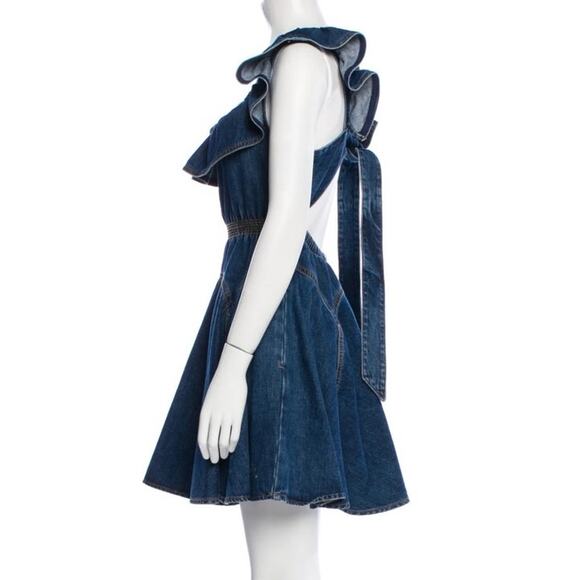 Self-portrait denim ruffle dress mini flirty open back with bow size 4 feminine - Picture 6 of 11